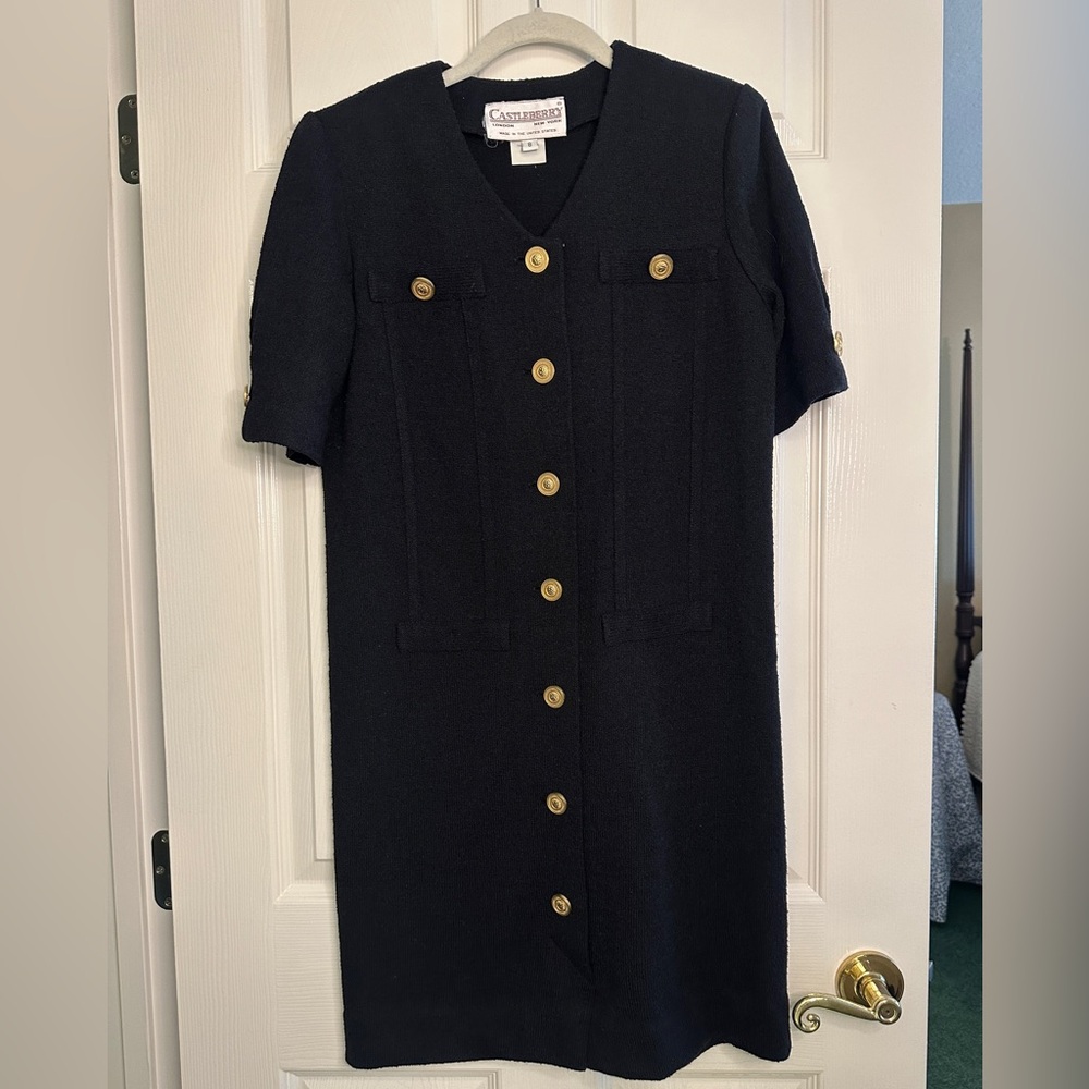 Castleberry Black Textured Dress Gold Button Front Career Dress Size 8